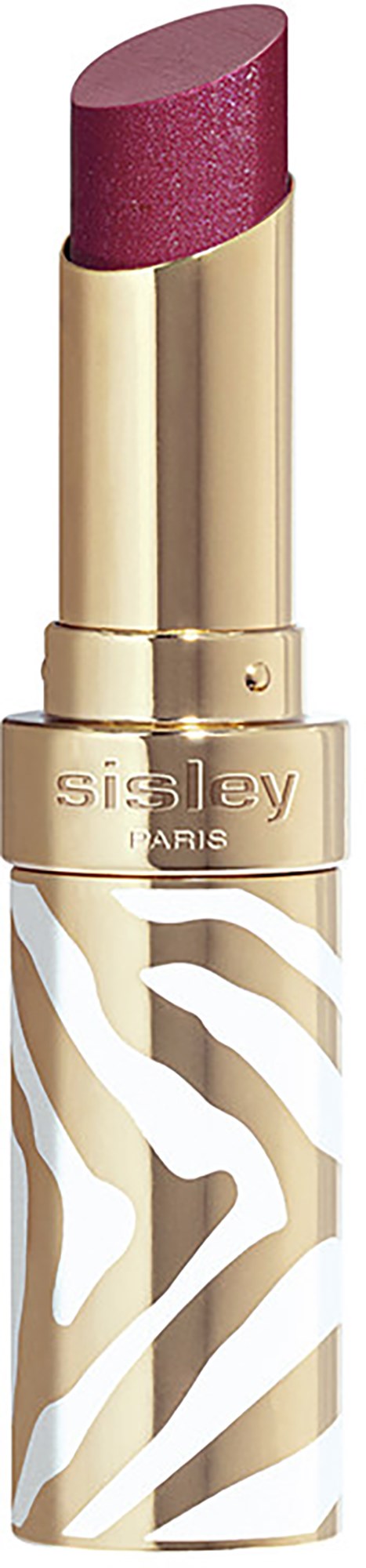 A lipstick with a gold and white zebra pattern case, shining pinkish-red color on the top.