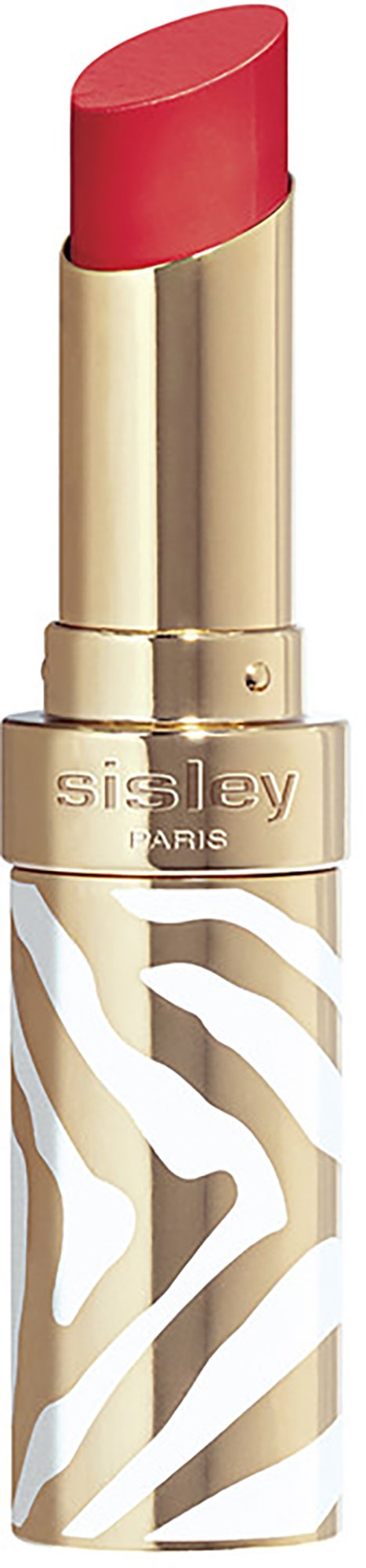 Een lippenstift met een goud en wit zebra patroon, met een roze tint. Het heeft de merknaam 'Sisley Paris'.