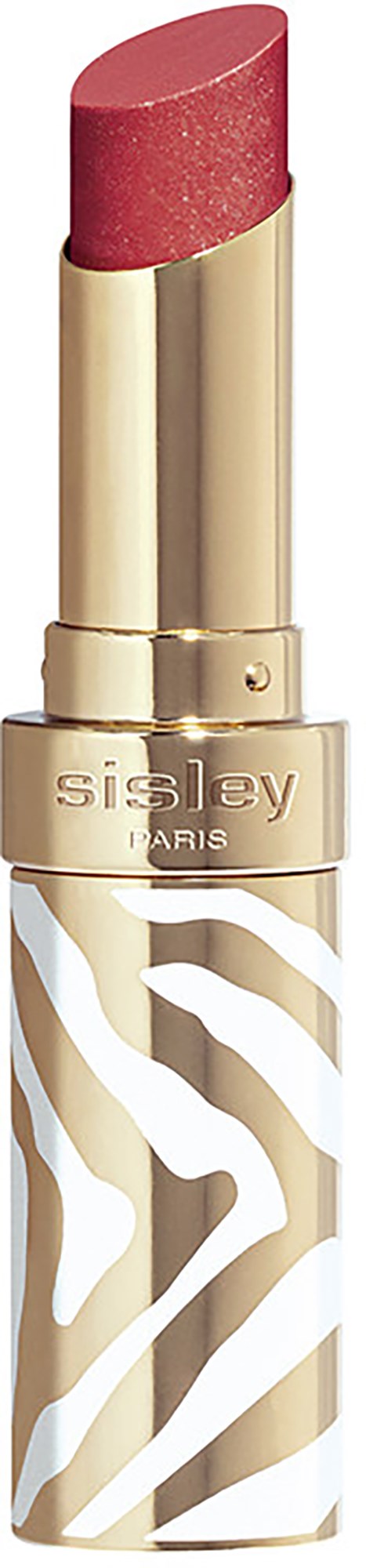 A gold and white zebra patterned lipstick tube with pink lipstick inside.