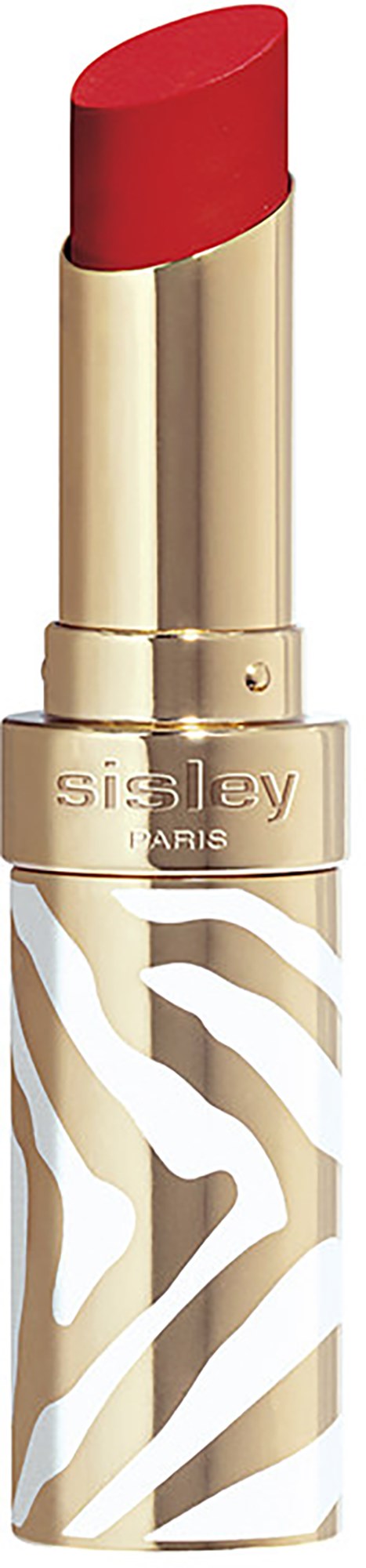 A red lipstick with a gold and white zebra-patterned case stands upright.