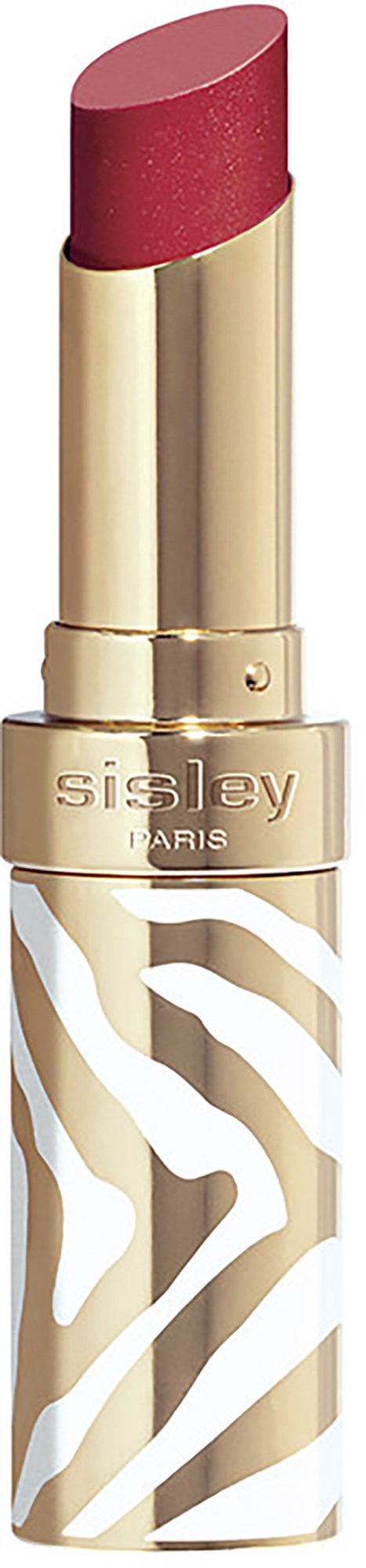Lipstick with gold and white zigzag patterned case and pinkish-red color.