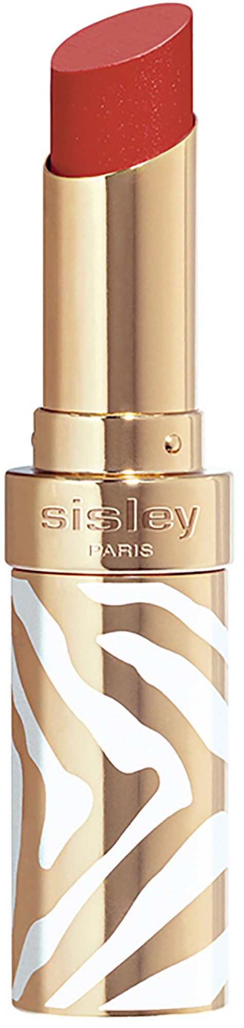 Ein Lippenstift mit rotem Farbton in einem gold- und weißen Zebramuster-Tiegel.