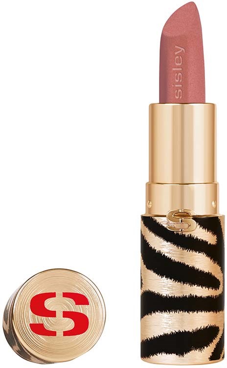 Ein Lippenstift in Rosa, in einer gold- und zebramuster-Verpackung, mit 'Sisley' beschriftet.