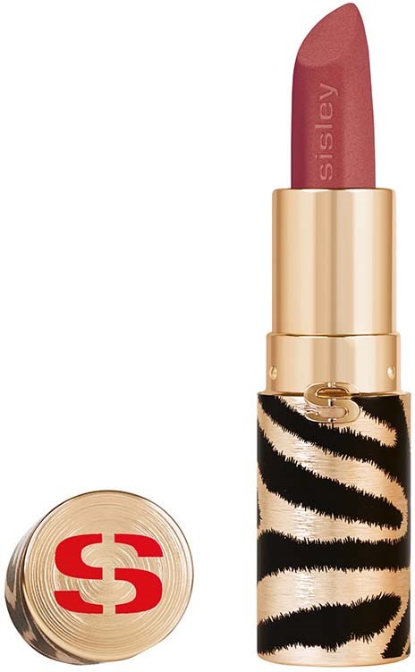 Ein Lippenstift mit Zebramuster, hellrosa Farbe und goldene Details.