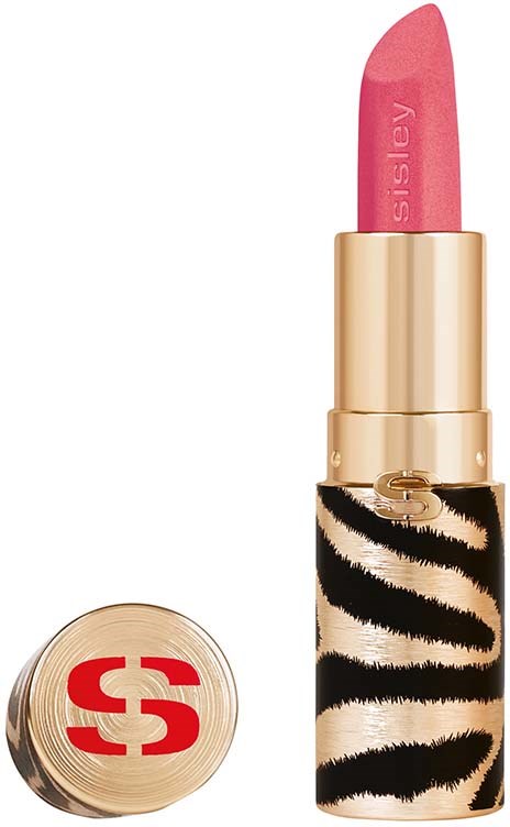 Een roze lipstick in een goud en zebra print houder.