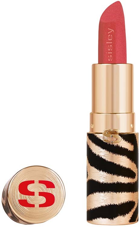 A lipstick with a pink color, gold and black zebra pattern on the case, and the brand name visible.