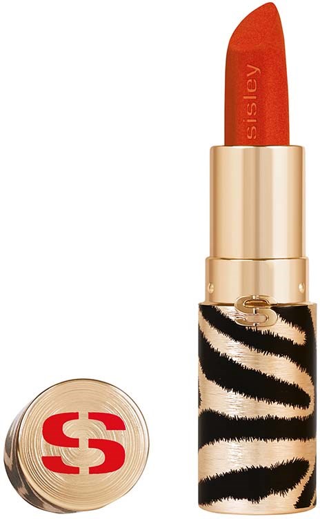 A lipstick in a zebra pattern case with red lipstick inside and a gold cap with a red logo.