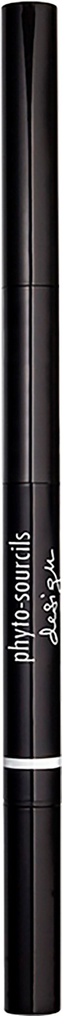 En svart eyelinerpenna märkt 'phyto-sourcil' med vit text, lång och tunn, mot en svart bakgrund.