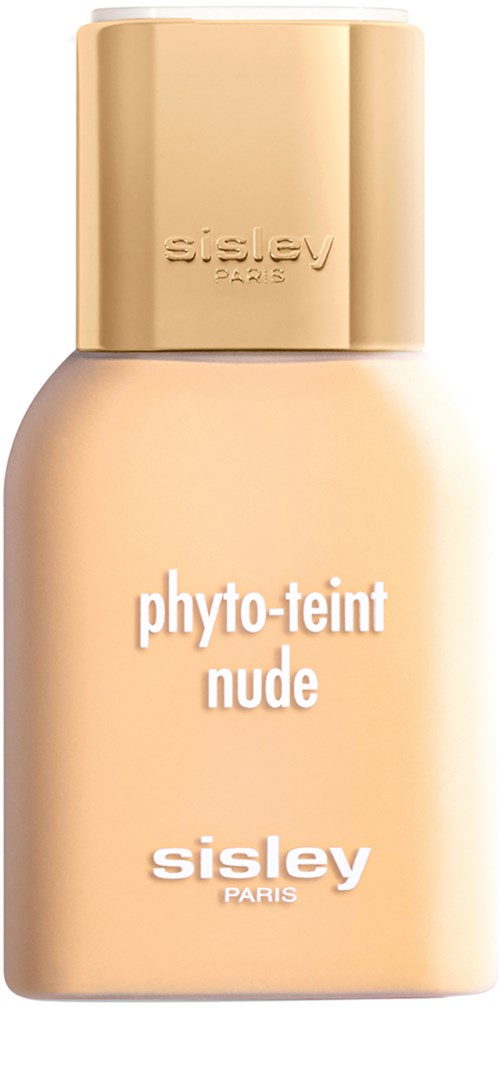 Beige pullo, jossa on kultainen korkki ja teksti 'phyto-teint nude' ja 'sisley PARIS' valkoisella.