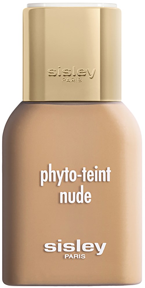 Nestemäisen meikkivoiteen pullo beigeä värissä ja kullanvärisellä korkilla, merkinnällä 'phyto-teint nude' Sarjasta Sisley Paris.