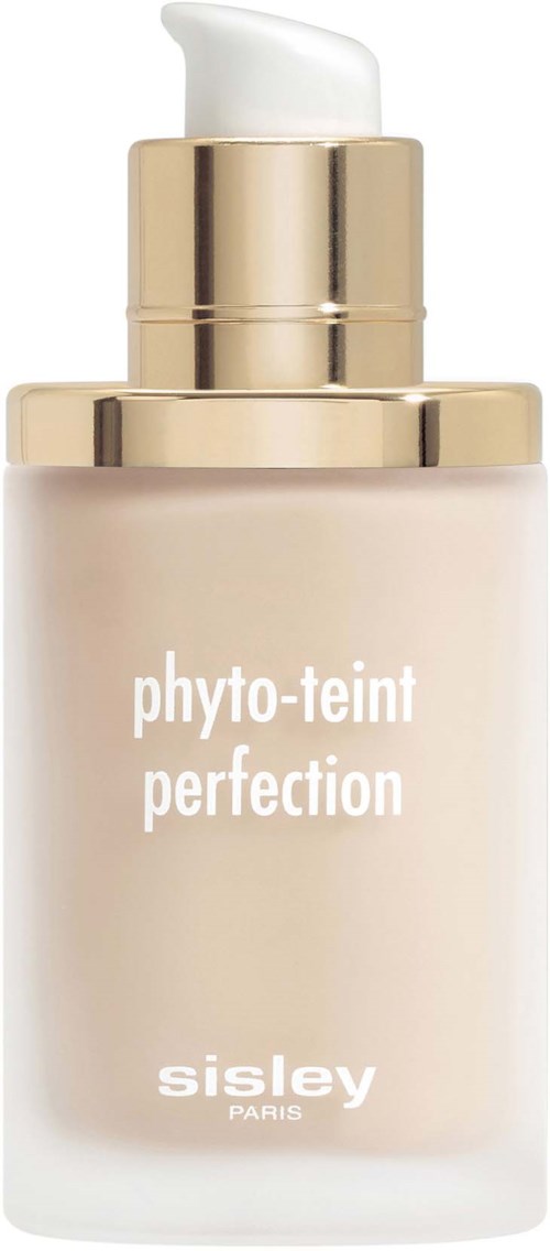 Een fles met pomp gemarkeerd 'phyto-teint perfection' door Sisley Paris, waarschijnlijk een huidverzorgings- of make-upproduct.
