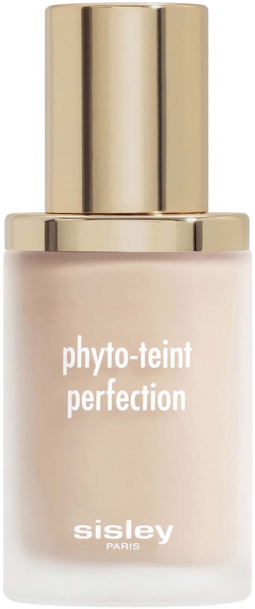 Beige pullo, jossa kiiltävä kultainen kansi, nimeltä 'phyto-teint perfection' valmistaja Sisley Paris.