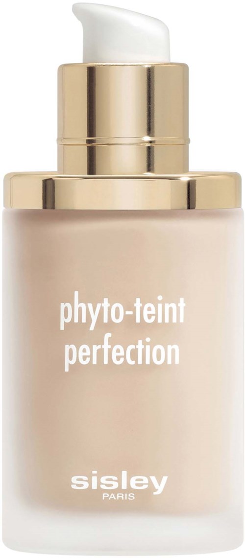 Beige pullo, jossa on kultaiset yksityiskohdat ja merkintä 'phyto-teint perfection' Sisley Parisilta, todennäköisesti ihonhoito tai meikki.