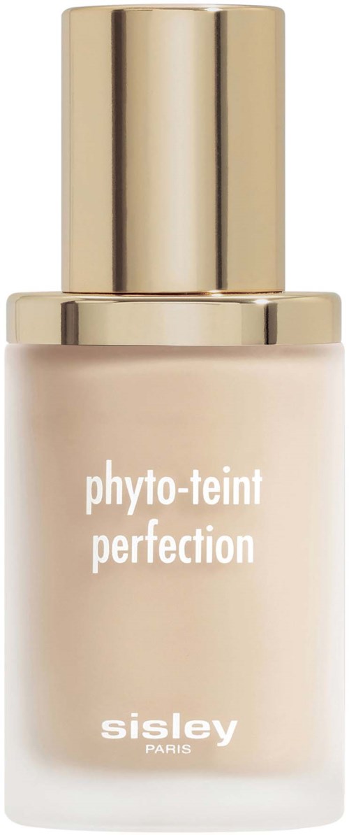Beige nestemäisellä meikkipullolla ja kiiltävällä kultaisella korkilla, merkitty nimellä 'phyto-teint perfection' Sisley Parisiltä.