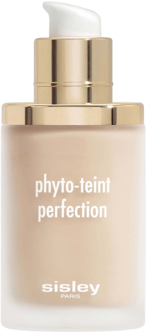 Beige pullo, jossa kultainen korkki ja pumppu, merkintä 'phyto-teint perfection' sisley Paris.