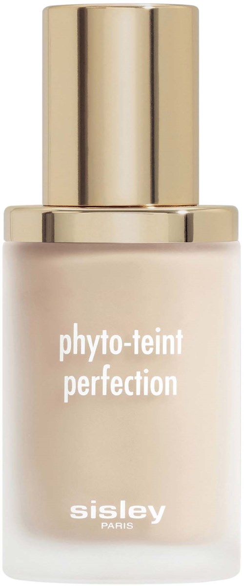 Pullo meikkivoidetta, jossa kultainen kansi ja valkoinen etiketti, jossa lukee "phyto-teint perfection" ja valmistaja Sisley Paris.