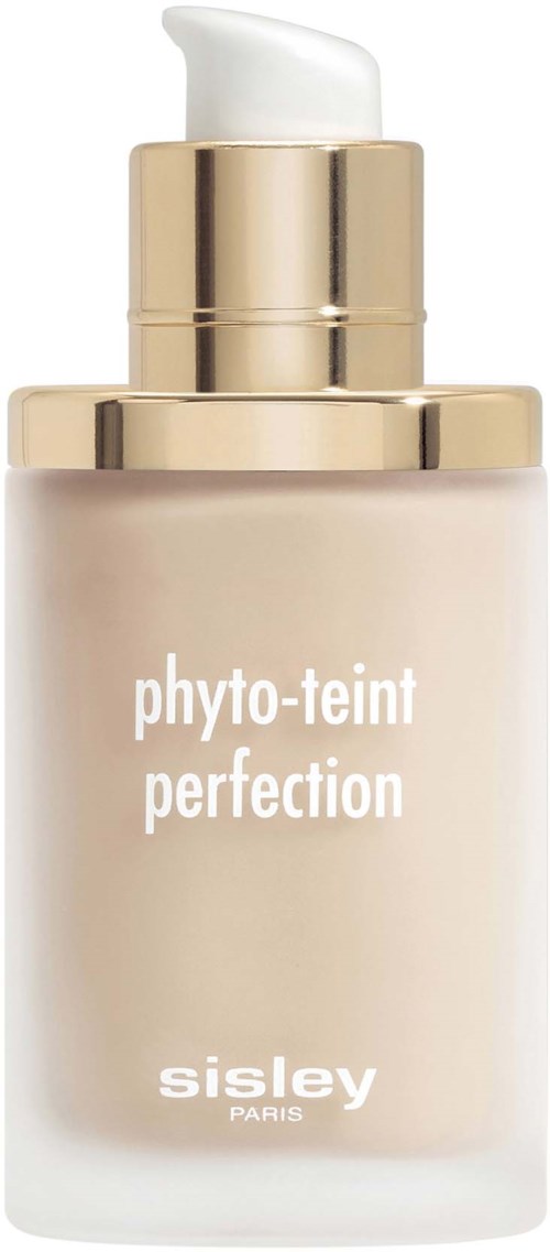 Beige pullo, jossa on kultainen korkki ja pumppu, merkinnällä "phyto-teint perfection" by Sisley Paris.