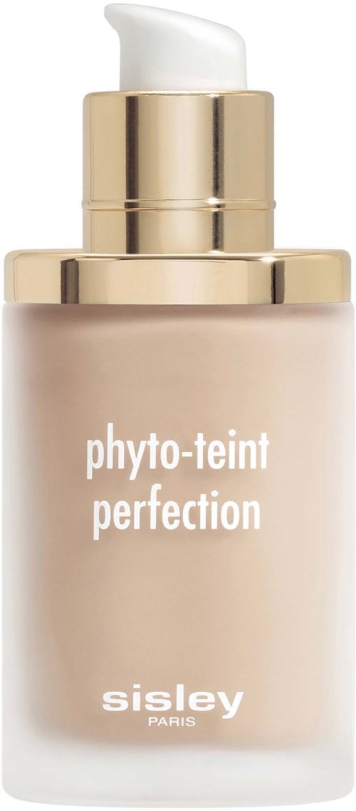Beige pumpuneste, jossa kultainen yläosa, merkinnällä 'phyto-teint perfection' ja Sisley Paris, todennäköisesti meikkipohja tai ihonhoitotuote.