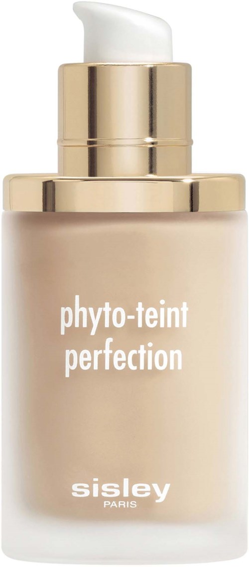 Beige pumppupullinen pullo, nimeltä 'phyto-teint perfection' Sisley Parisilta, kasvon tai ihonhoitotuotteeksi.