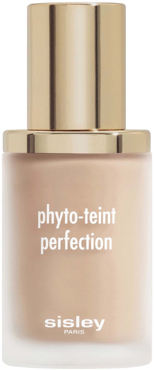 Beige nestemäisnesteen sävyinen meikkipullo kultaisella hargolla, Merkitty 'phyto-teint perfection' merkiltä Sisley Paris.