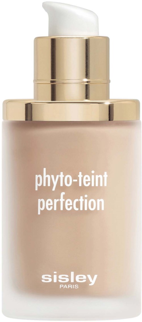 Beige kosmetiikkapullo pumpulla ja kulttisellä suojuksella, merkitty 'phyto-teint perfection' Sisley Parisiltä.