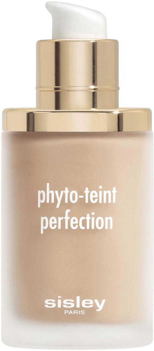 Beige meikkivoide pullo kultasävyisellä korkilla ja valkoisella pumpulla, merkki 'phyto-teint perfection' by Sisley Paris.