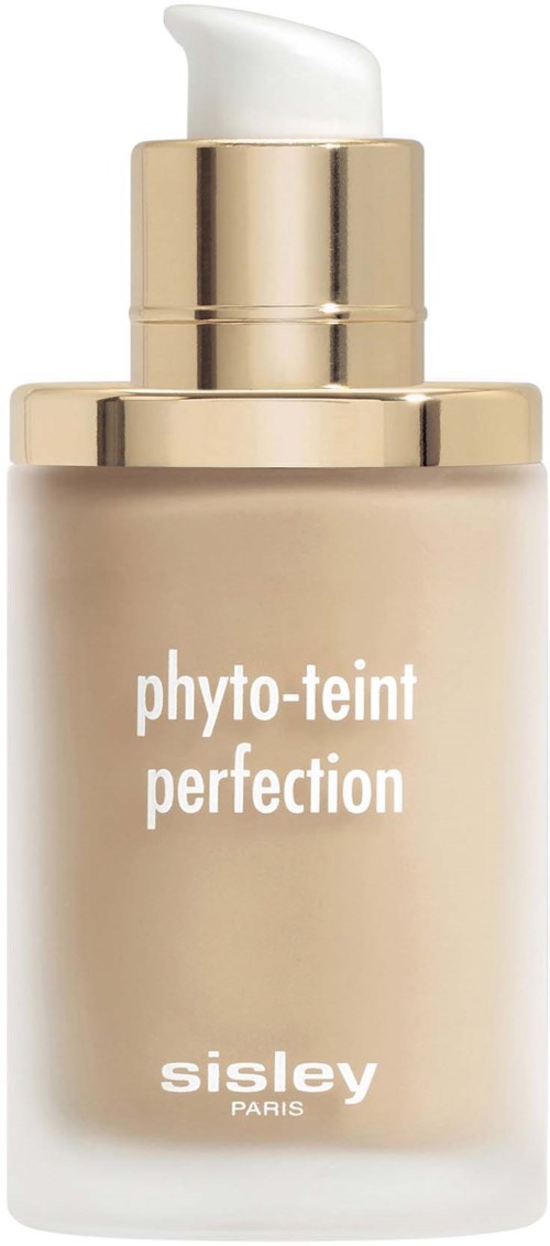 Beige pullo, jossa on valkoinen pumppu, ja teksti 'phyto-teint perfection' ja 'Sisley Paris'.