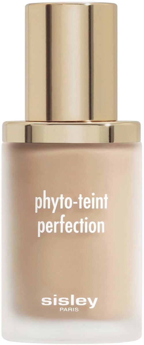 Beige sävyinen nestemäisistä meikkivoidepullo, jossa on kultainen korkki, merkitty 'phyto-teint perfection' by Sisley Paris.