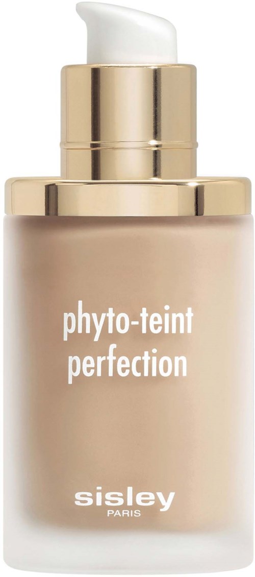 Beige pullo, jossa on pumppu, näyttää "phyto-teint perfection" valmistajalta Sisley Paris, ihonhoitotuote.