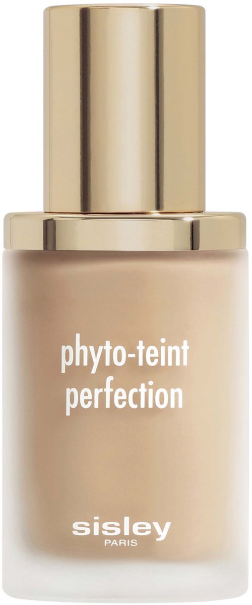 Beige pullo, jossa kultainen kansi, nimeltä 'phyto-teint perfection' valmistaja Sisley Paris.