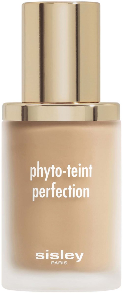 Beigen värituote pullo, jossa kultainen korkki, merkitty 'phyto-teint perfection' merkiltä Sisley Paris.