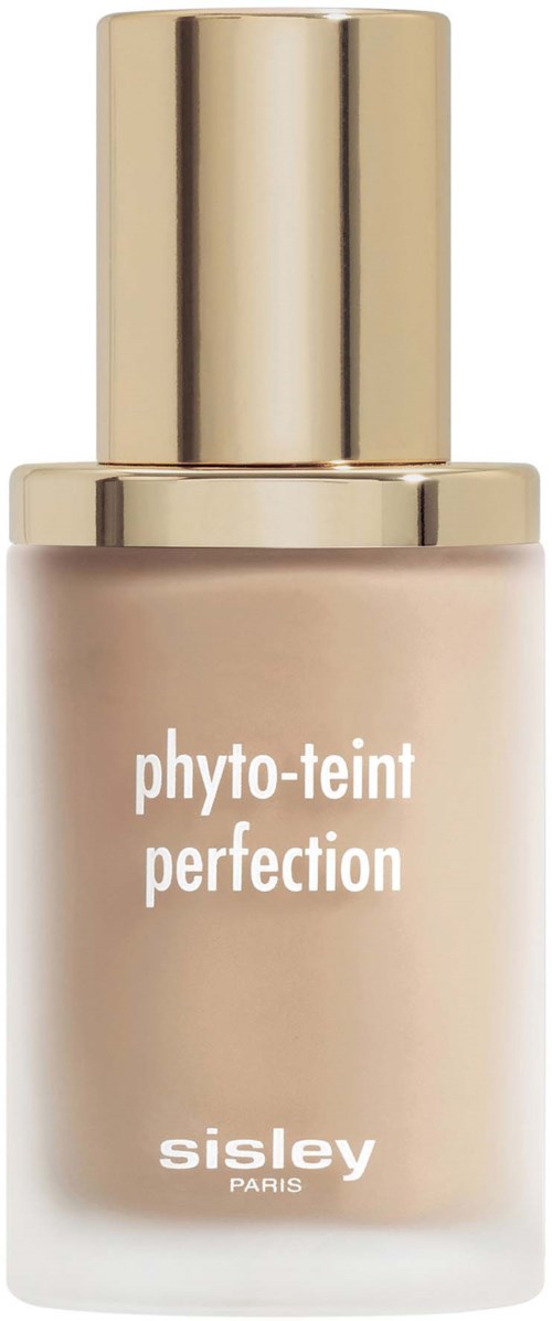 Beigen sävyinen meikkipohjapullo, jossa kultainen korkki, merkinnällä 'phyto-teint perfections' ja Sisley Paris.