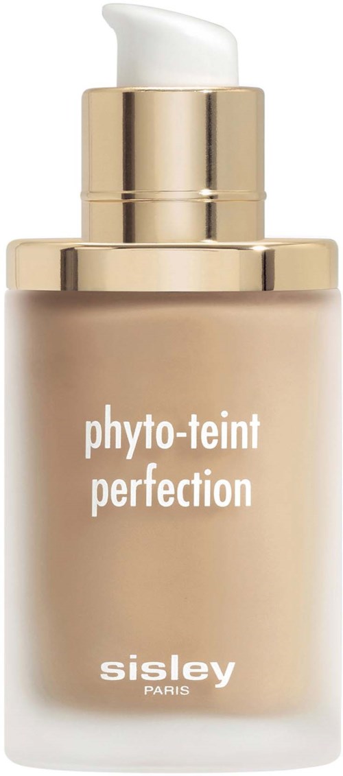 Beige kosmetiikkapullo, jossa on valkoinen pumppu, merkinnällä 'phyto-teint perfection' Sisley Parisiltä.