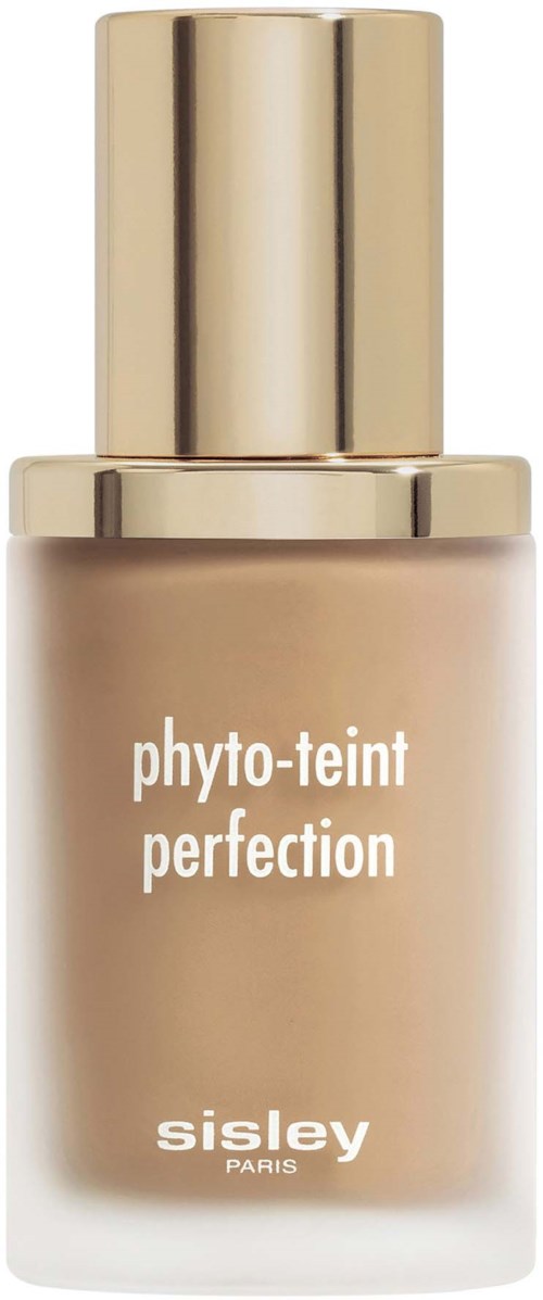 Beige-meikkivoide lasipullossa, kullattu korkki, merkitty 'phyto-teint perfection' by Sisley Paris.