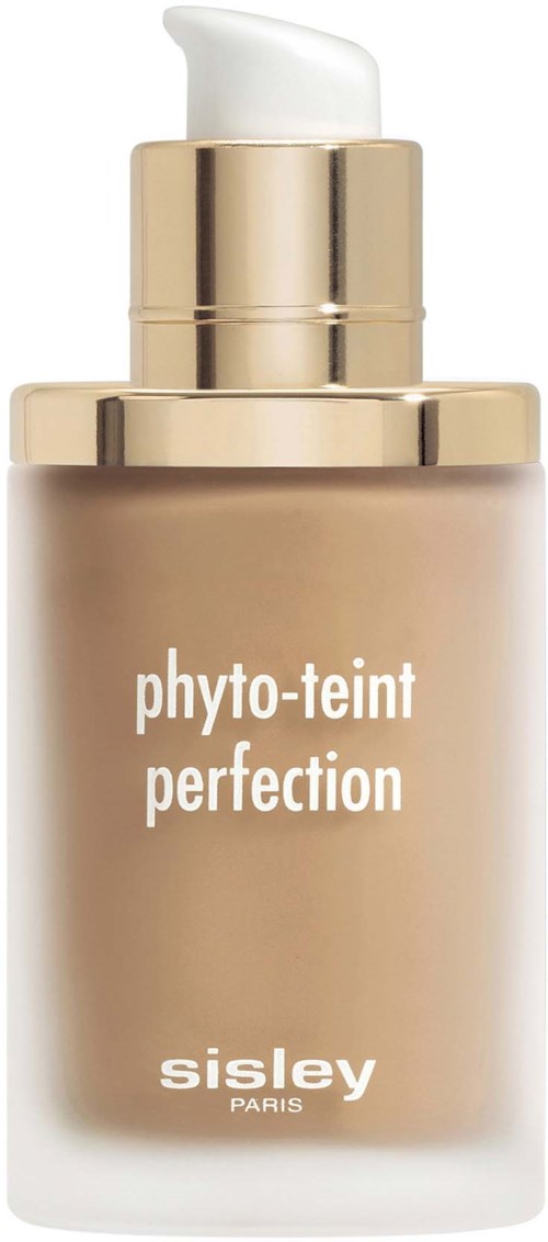 Beige pullo, jossa on kultainen korkki ja merkinnät "phyto-teint perfection" ja "Sisley Paris", pumpun kanssa.