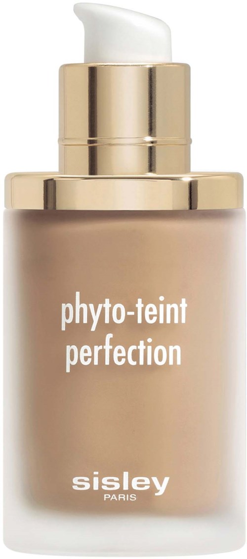Meikkivoidepullo, beige väri, kultasävyinen korkki ja valkoinen teksti. Merkitty 'phyto-teint perfection' tuotteeksi.