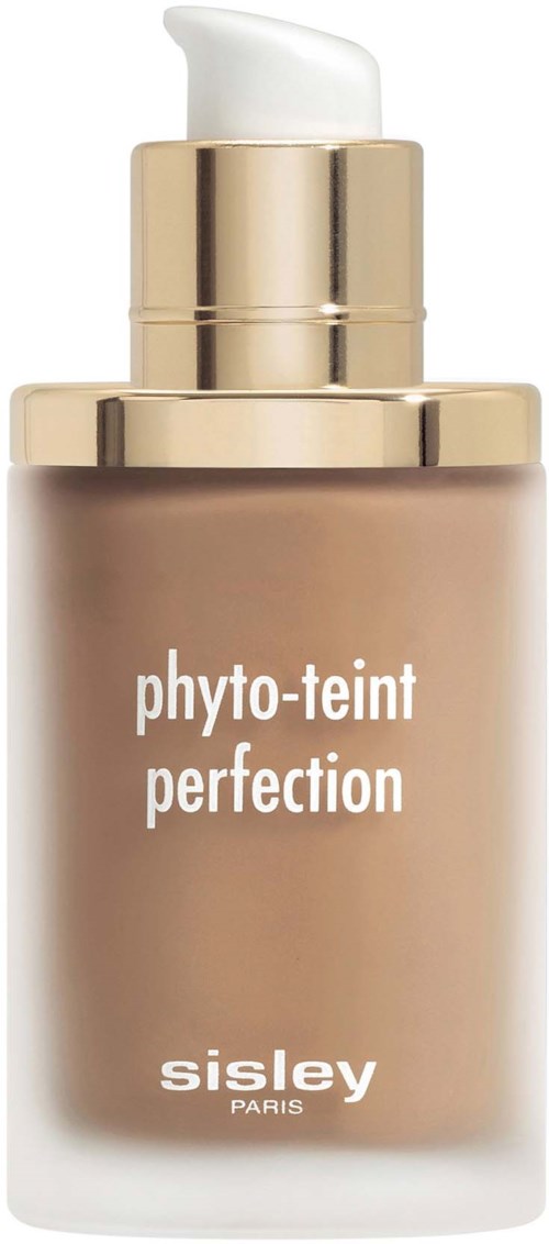 Beige pullo valkoisella painikkeella ja kultaisella renkaan, merkinnällä 'phyto-teint perfection' Sisley Parisiltä.