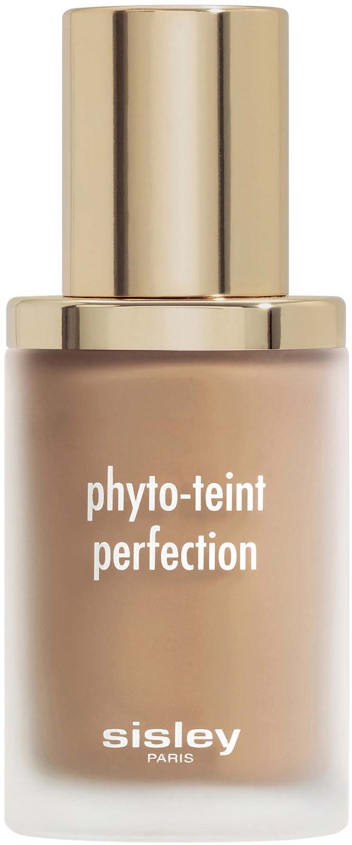 Sävyvoide pullo, jossa kultainen korkki ja beige neste, merkki 'phyto-teint perfection' Sisley Parisiltä.