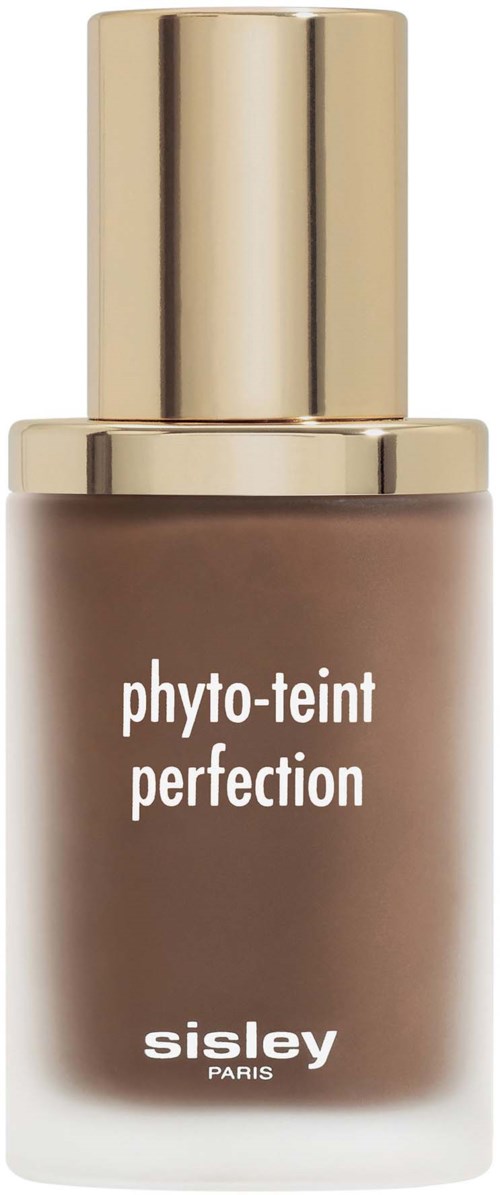 Meikkivoidepullo, beigeväri, merkinnällä 'phyto-teint perfection' by Sisley Paris, kultainen korkki.