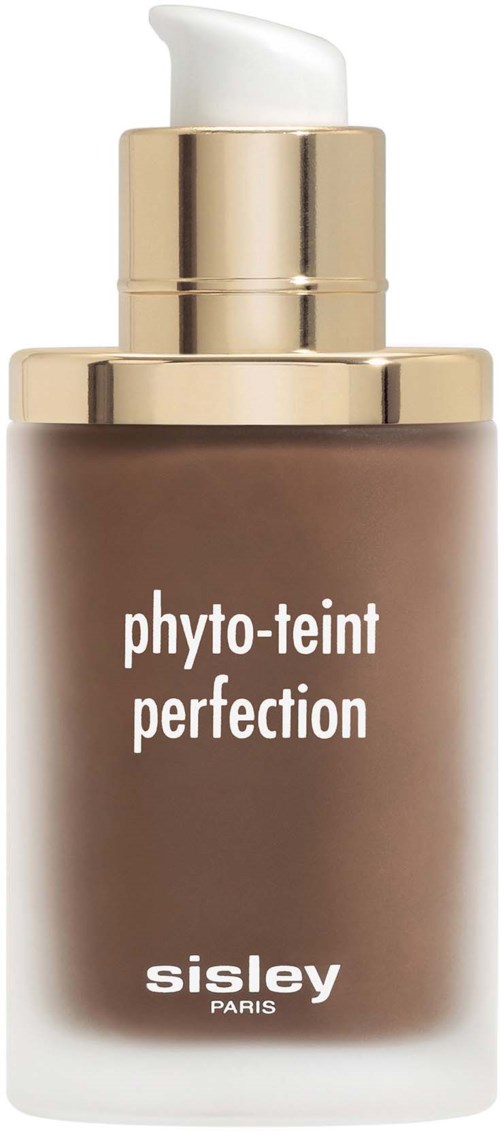 Pienen ruskea pullo, jossa on valkoinen pumppu, merkitty "phyto-teint perfection" Sisley Parisiltä.