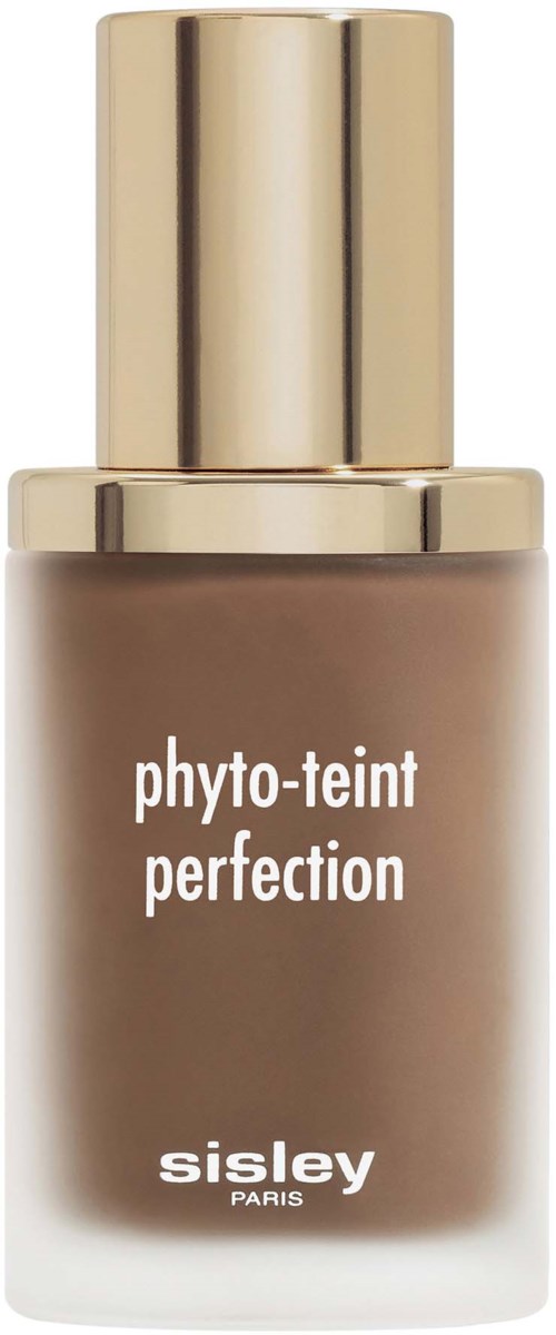 Tummallinen meikkivoidepullo, kullanvärinen korkki ja ruskea neste. Tekstit "phyto-teint perfection" ja "sisley Paris."