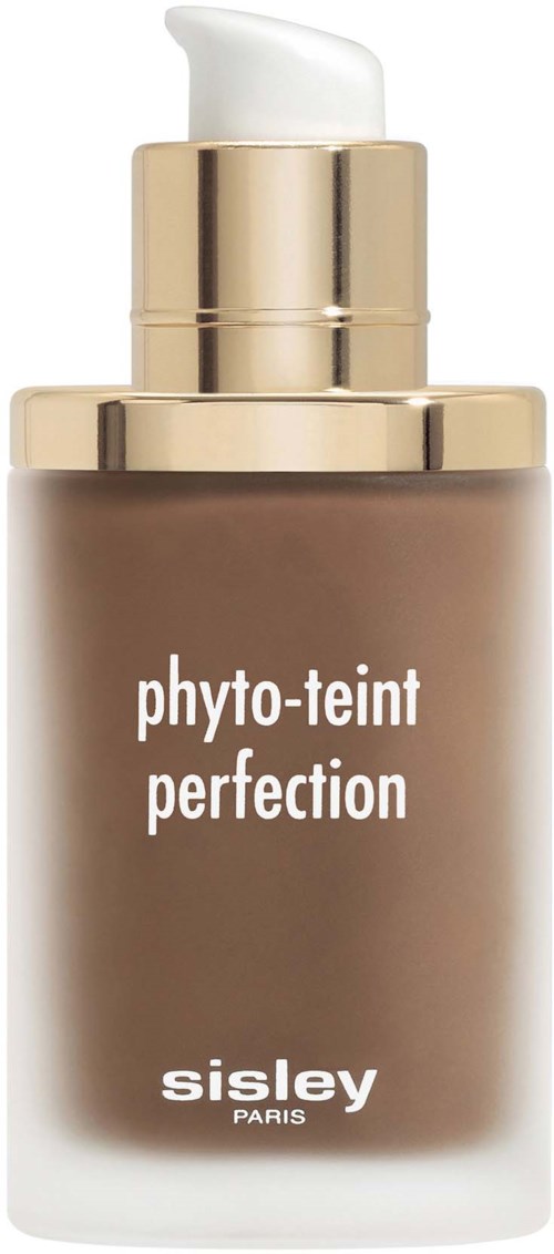 Ruskea pullo, jossa valkoinen pumppu, nimeltä 'phyto-teint perfection' valmistaja Sisley Paris.
