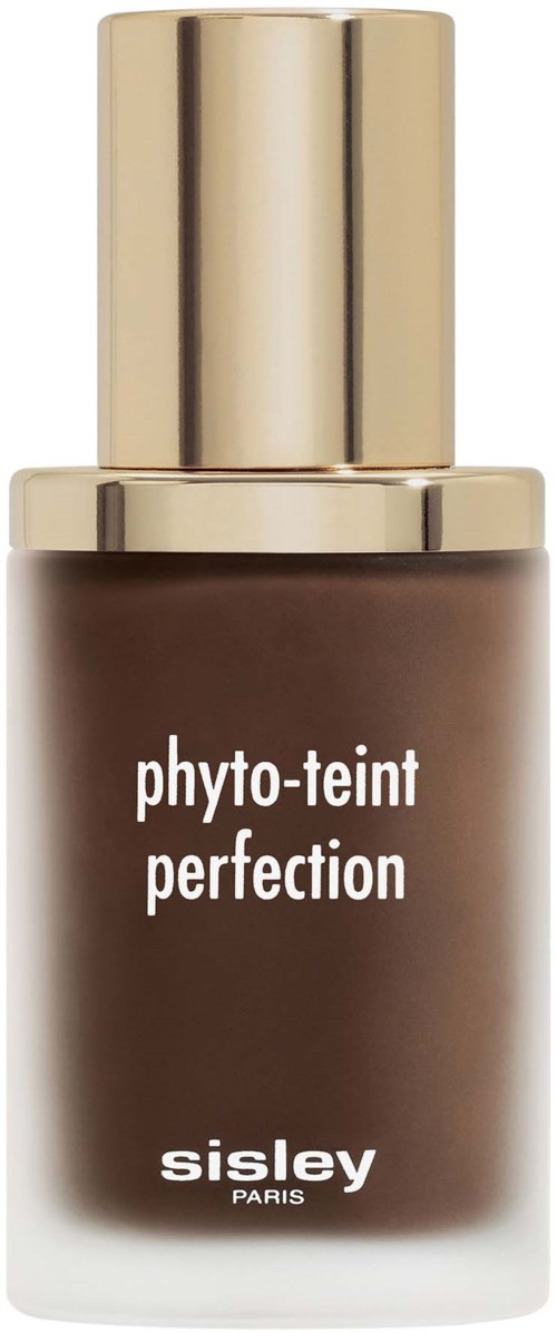 Ruskea kosmetiikkapullo kultakahvalla, merkattuna 'phyto-teint perfection' Sisley Paris.