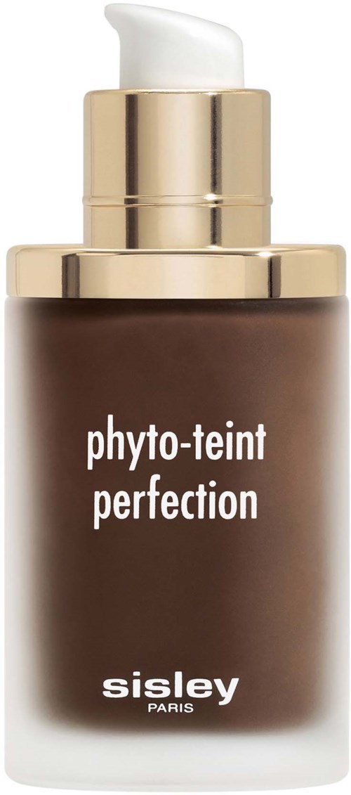 Ruskea pullo, jossa valkoinen pumppu, merkintä 'phyto-teint perfection' valmistajalta Sisley Paris.