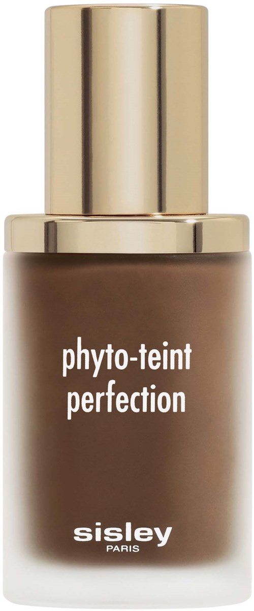 Ruskea pullo Sisley-meikkivoiteella ja kiiltävällä kultaisella kannella. Tähdessä on valkoinen teksti 'phyto-teint perfection'.