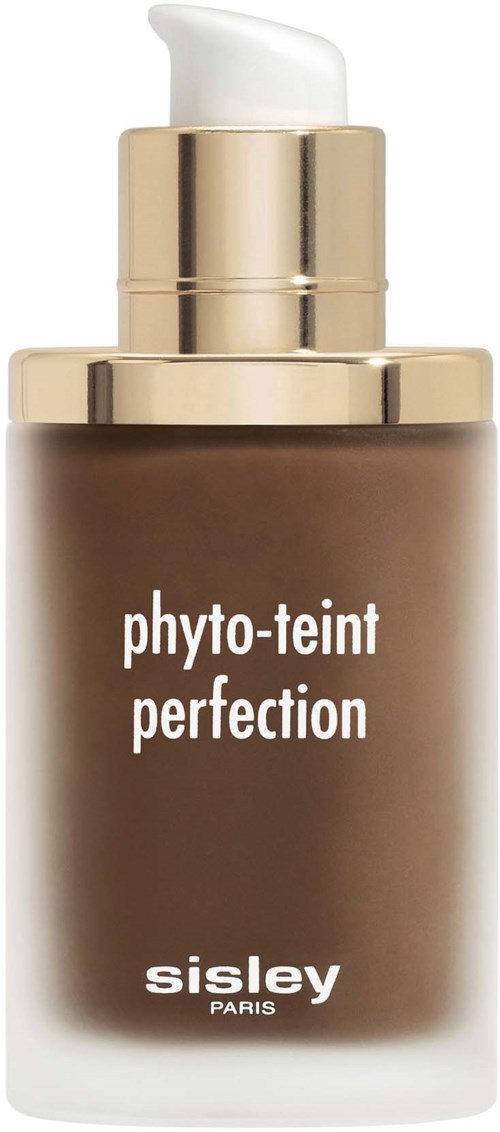 Ruskea meikkipullo, jossa on valkoinen annostelupumppu ja teksti 'phyto-teint perfection' merkkinen Sisley Paris.