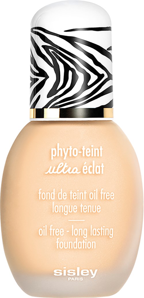 En flaska oljefri, långvarig foundation med en zebra-mönstrad kork och beige vätska inuti.