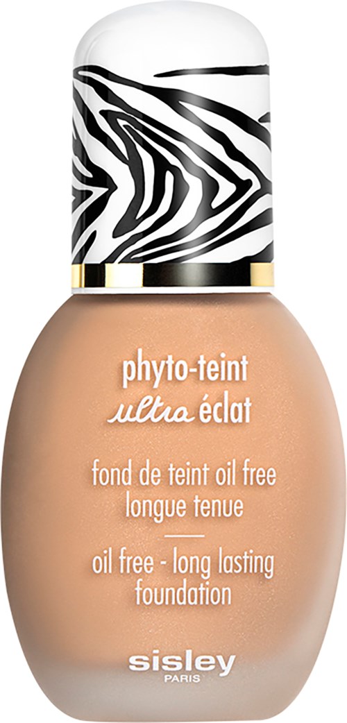 Olejiton pitkäkestoinen meikkivoidepullon, jossa on zebra-kuvioinen korkki ja beige neste.