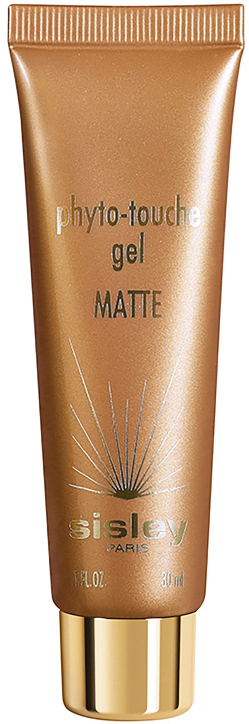 Ruskea putki Sisley Phyto-Touche Gel Matte meikkituotteella ja mustalla kannella, kultainen pohja.