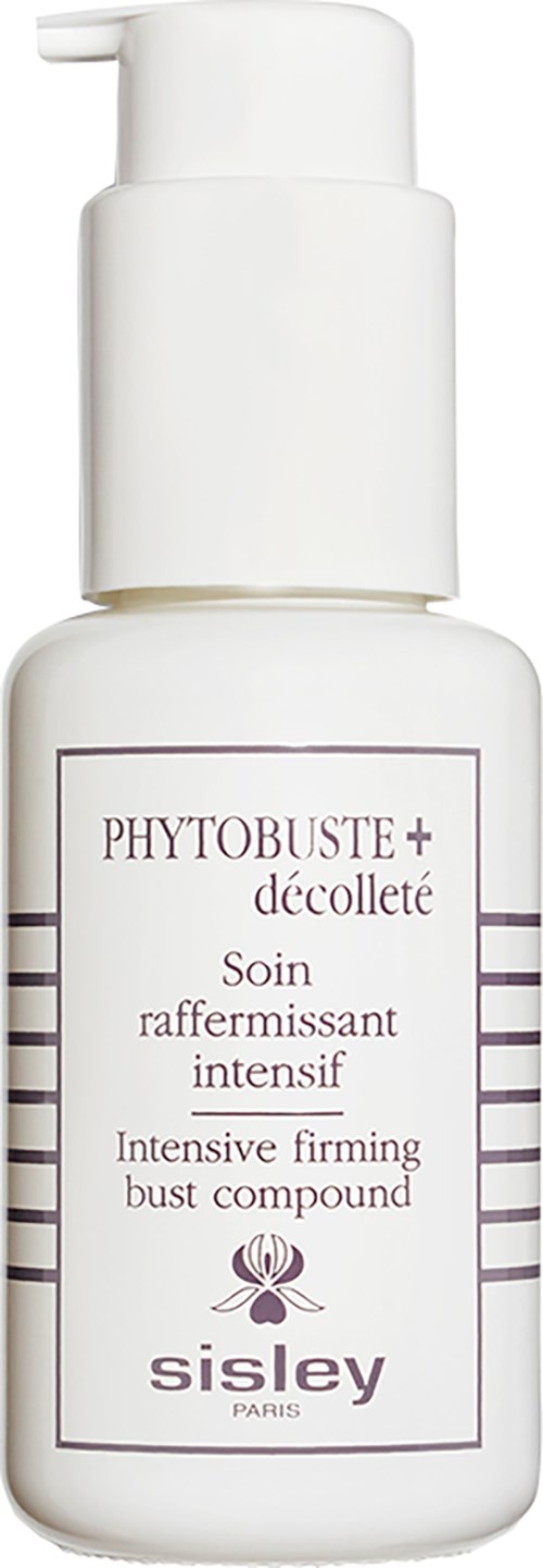 Valkoinen pumppupullo, jossa lukee Phytobuste+ decollete, Sisley Paris, kiinteyttävä kohotussuihke. Yksinkertainen muotoilu.